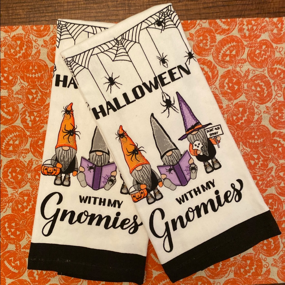 Halloween Gnome Kitchen Towels Set of 2, Halloween With My Gnomies, Witch Gnomes